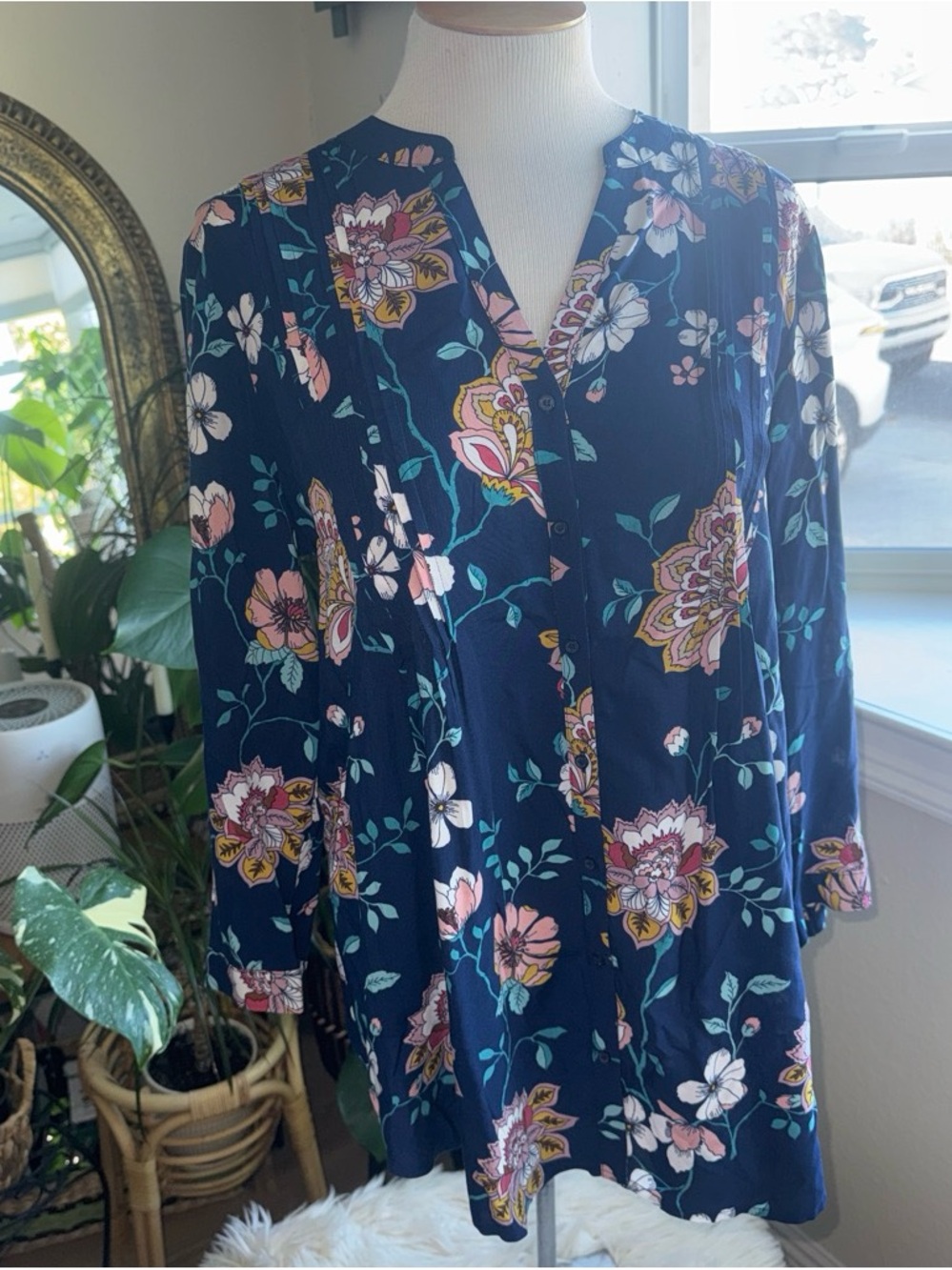St. John's Bay Navy Floral V-Neck Top with Pink and Yellow Accents